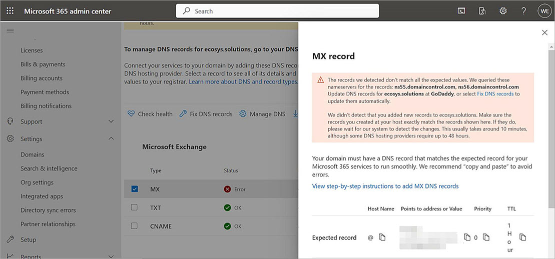 Screenshot of the Microsoft 365 configuration MX Record dialog box